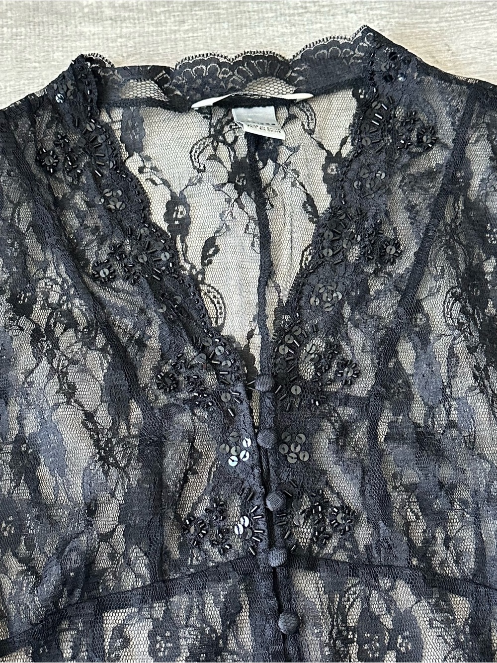 Nygard Sheer Black Lace Button-Front and beaded sheer Blouse whimsigoth - Picture 2 of 7